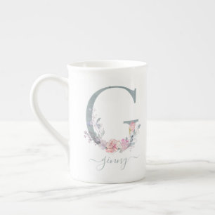 Tasse En Porcelaine LETTRE Florale G Aquarelle rose pâle