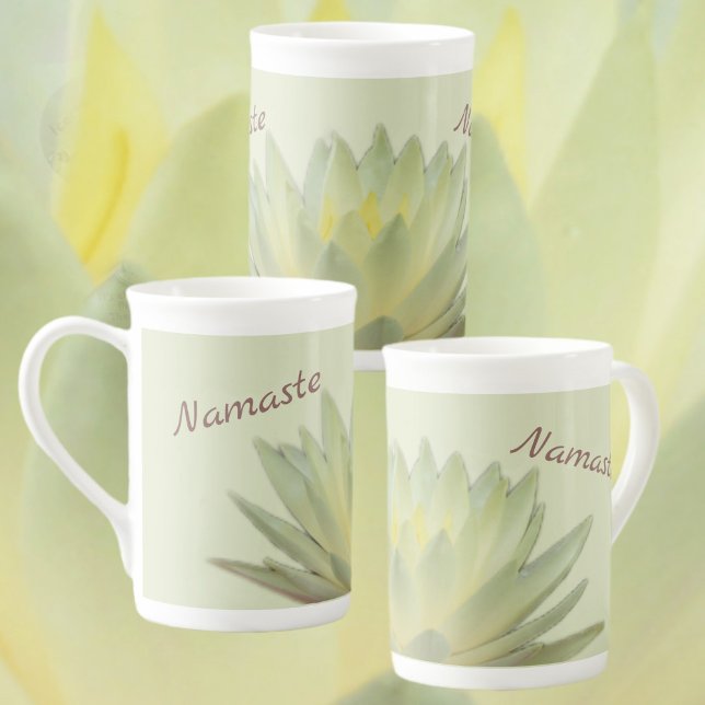 Tasse En Porcelaine Lotus Floral Botanique Namaste Pastel Jaune Vert (Créateur téléchargé)
