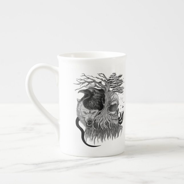 Tasse En Porcelaine Loup et corbeau avec crâne (Gauche)