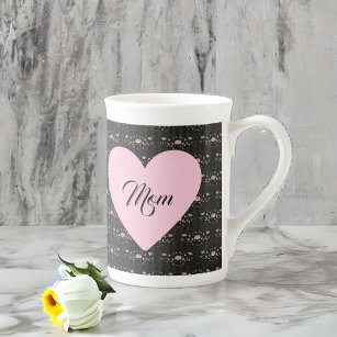 Tasse En Porcelaine Maman Mères Jour Coeur sur Vintage Floral noir