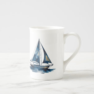 Tasse En Porcelaine Mariage Bateau Nautique Or et Navy Cadre Doré