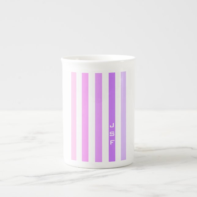 Tasse En Porcelaine Monogramme à bandes verticales violettes et roses (Devant)