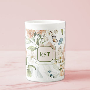 Tasse En Porcelaine Monogramme Aquarelle Floral 10oz.