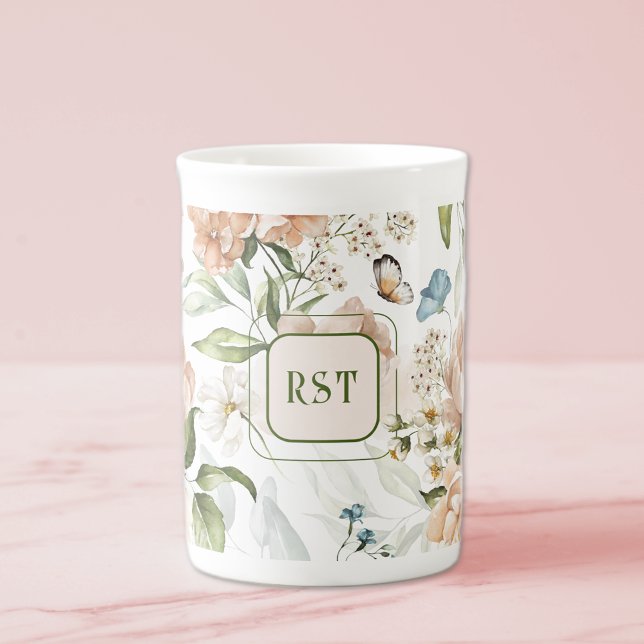 Tasse En Porcelaine Monogramme Aquarelle Floral 10oz. (Créateur téléchargé)