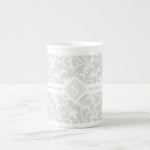 Tasse En Porcelaine Monogramme argenté élégant de remous de damassé
