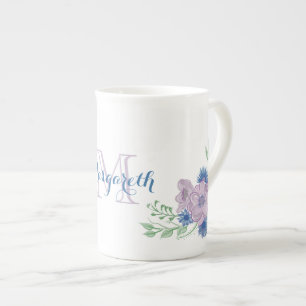 Tasse En Porcelaine Monogramme floral aquarelle bleu violet