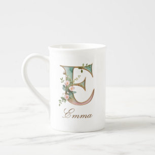 Tasse En Porcelaine Monogramme Floral Or Initiale E en Or Personnalisé