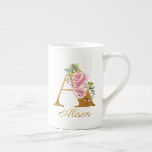 Tasse En Porcelaine Monogramme floral personnalisé initial botanique