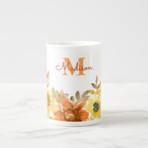 Tasse En Porcelaine Monogramme Initial Nom Orange Aquarelle Floral
