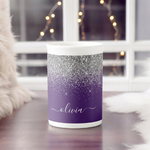 Tasse En Porcelaine Monogramme Nom Fille Paillettes Argent Violet