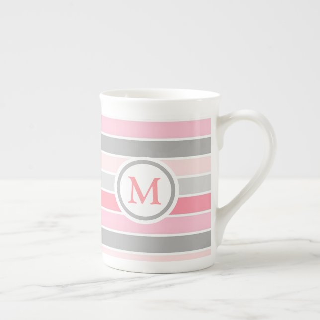 Tasse En Porcelaine Monogramme rayé rose et gris (Droite)
