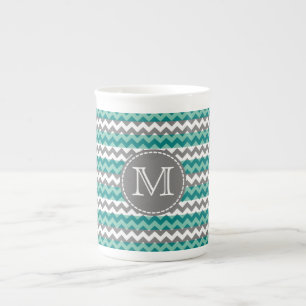 Tasse En Porcelaine Monogramme Turquoise et Grey Chevron Zigzag