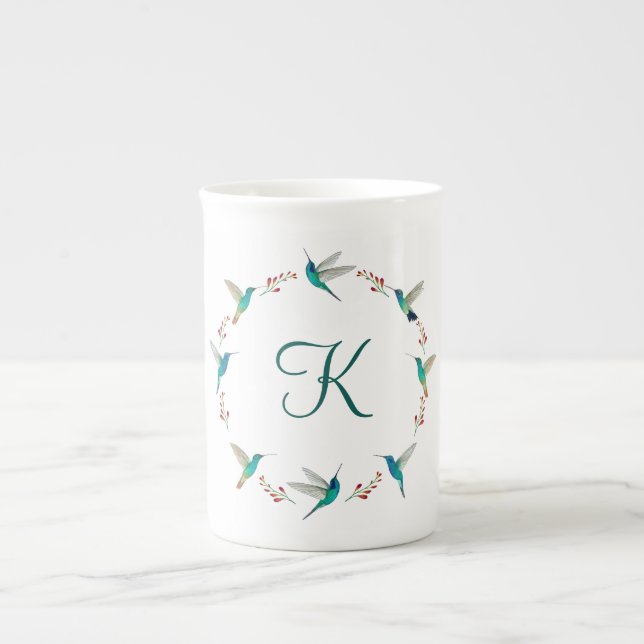 Tasse En Porcelaine Monogramme Wreath Hummingbird (Devant)
