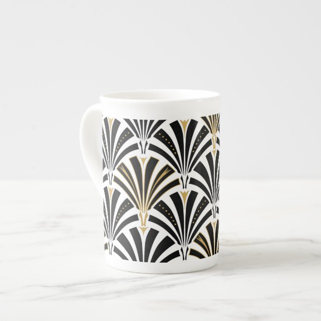 Tasse En Porcelaine Motif de fan d'art déco - noir et blanc (Devant gauche)