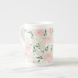 Tasse En Porcelaine Motif floral aquarelle rose tendre et pivoine