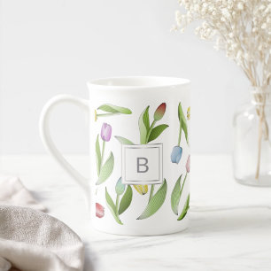 Tasse En Porcelaine Motif Floral de Tulipe Coloré Moderne Monogramme