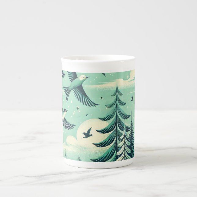 Tasse En Porcelaine Motif turquoise de la forêt verte et des oiseaux (Devant)