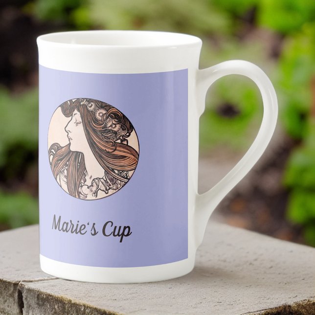 Tasse En Porcelaine Mucha Art Nouveau femme et fleurs roses sur violet (Créateur téléchargé)