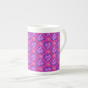 Tasse En Porcelaine Mug, Coeurs, Fleurs, Magenta et Mauve