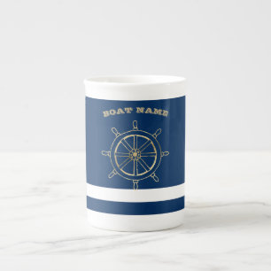 Tasse En Porcelaine Nautique, Roue de bateau dorée, Rayures bleu marin