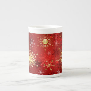 Tasse En Porcelaine Noël Golden Snowflakes sur Arrière - plan rouge