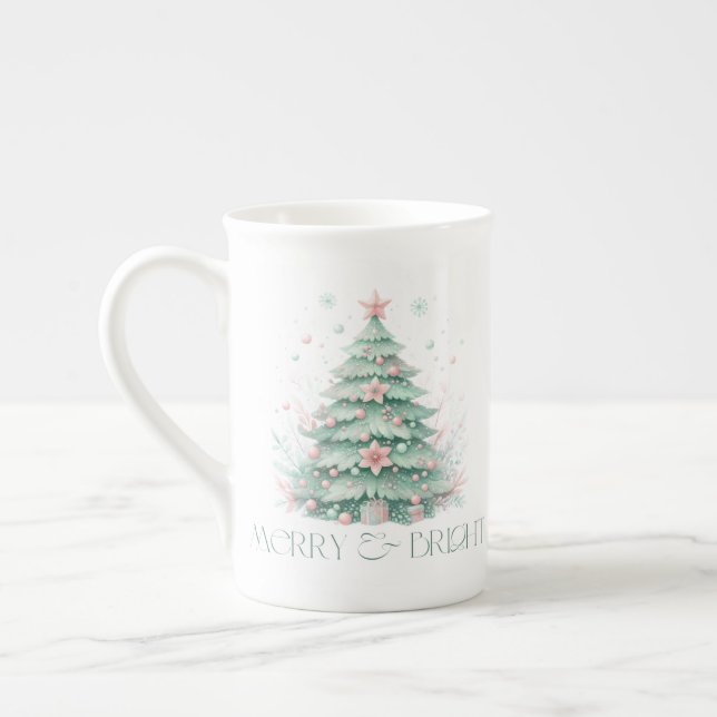 Tasse En Porcelaine Noël Joyeux et brillant Arbre de Noël Mint rose (Gauche)