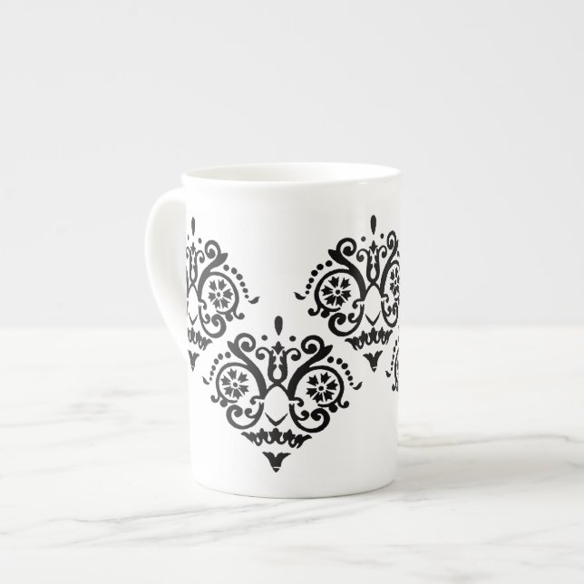 Tasse En Porcelaine Noir et blanc Elegant Damask (Devant gauche)