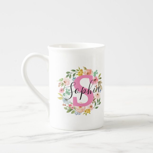 Tasse En Porcelaine Nom Floral De La Fille Cadeau Personnalisé Initial (Gauche)