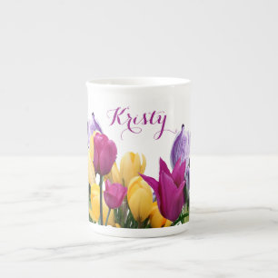 Tasse En Porcelaine Nom Kristy personnalisable fleurs de printemps col