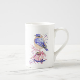 Tasse En Porcelaine Nom personnalisé Aquarelle Bluebird Garden Oiseau