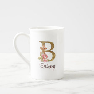 Tasse En Porcelaine Nom personnalisé Blush Roses Rose Papier d'Or Lett