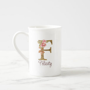 Tasse En Porcelaine Nom personnalisé lettre F or feuille rose rose blu