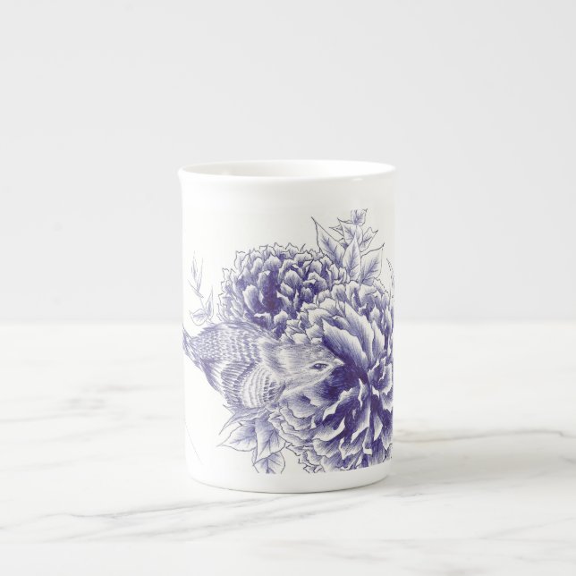 Tasse En Porcelaine Oiseau bleu et pivoine de "peu de curiosité" (Devant)