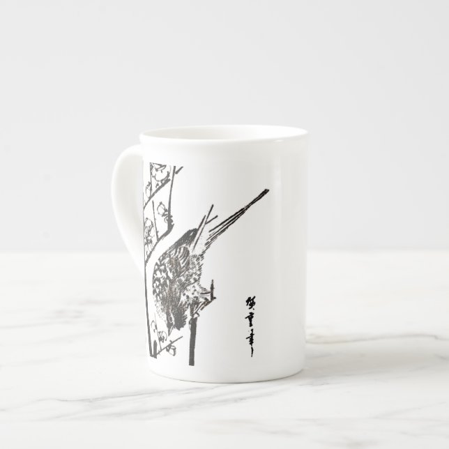 Tasse En Porcelaine Oiseau japonais sur une branche - noir et blanc (Devant gauche)