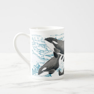 Tasse En Porcelaine Orca baleines famille bleu antique