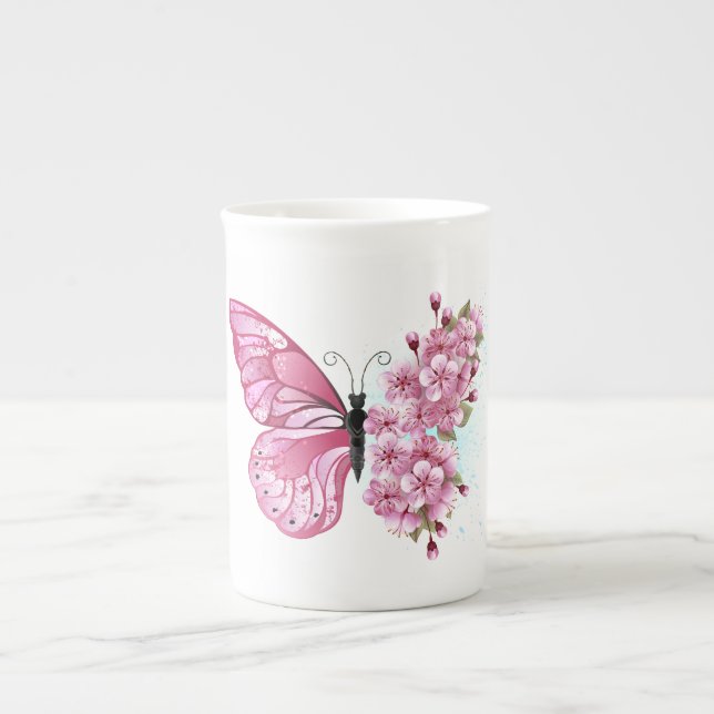 Tasse En Porcelaine Papillon à fleurs avec Sakura rose (Devant)