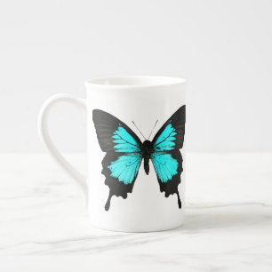Tasse En Porcelaine Papillon - bleu turquoise et noir