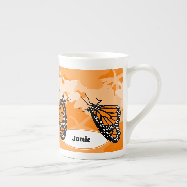 Tasse En Porcelaine Papillon Monarque Joueur & Nom Orange (Droite)