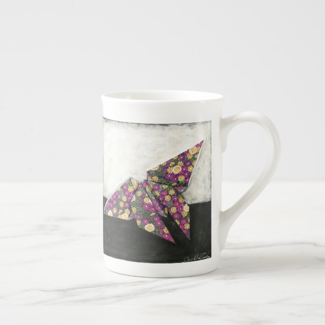Tasse En Porcelaine Papillon Origami sur papier floral (Droite)