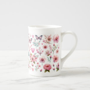 Tasse En Porcelaine Papillons floraux féminins roses