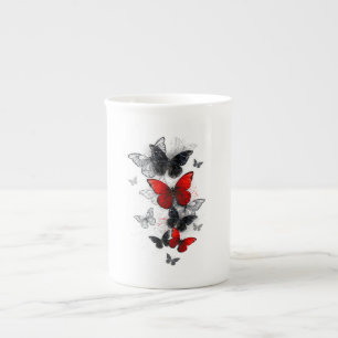 Tasse En Porcelaine Papillons noirs et rouges volants