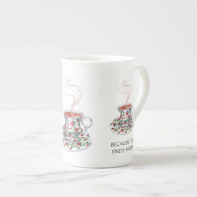 Tasse En Porcelaine Parce que le thé trouve un slogan heureux, roses d (Devant droit)