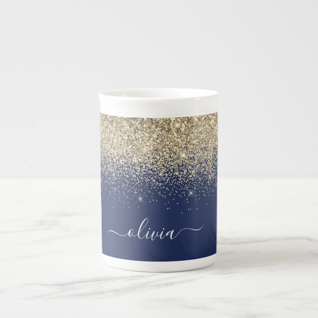 Tasse En Porcelaine Parties scintillant Bleue Gold Navy Girl Monogramm (Devant)