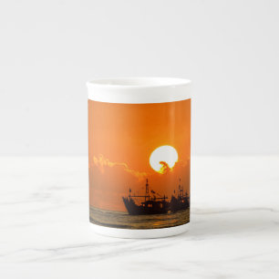 Tasse En Porcelaine Paysage Naturel Coucher de Soleil avec Bateau-6846