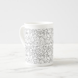 Tasse En Porcelaine Peint à la main Motif de courbe noire sur blanc