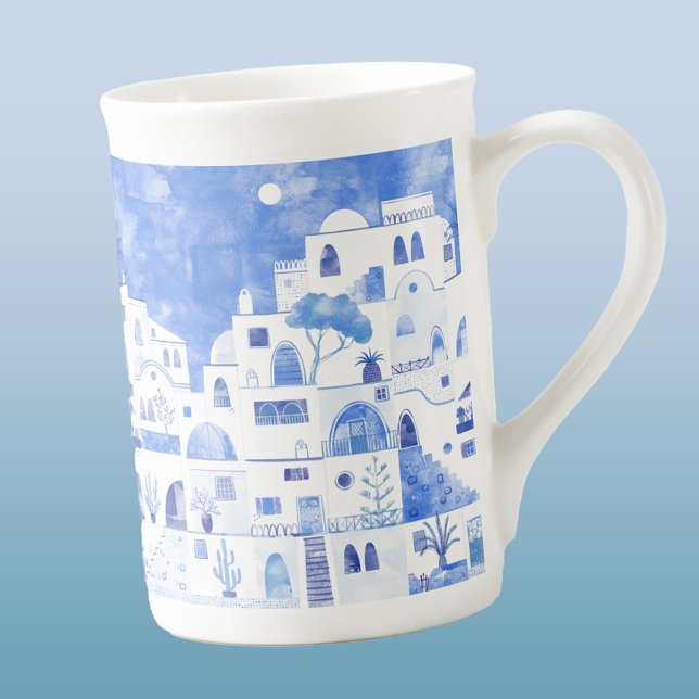 Tasse En Porcelaine Peinture de l'île grecque de Santorin (Santorini blue and white watercolor painting bone china mug)