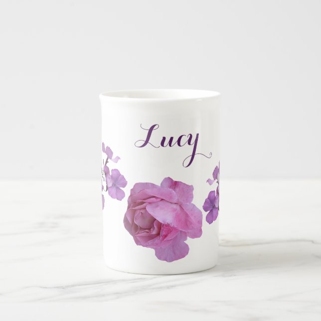 Tasse En Porcelaine Personnalisable Lucy nom rose rose rose violet flo (Devant)