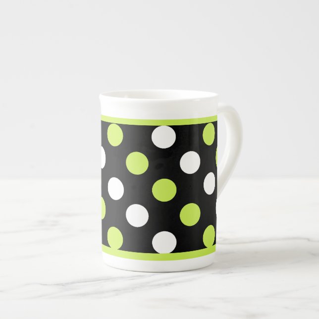 Tasse En Porcelaine Pointe Polka Chic Noir, Blanc & Chartreuse (Devant droit)