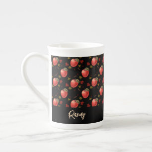 Tasse En Porcelaine Pommes rouges et feuilles sur noir