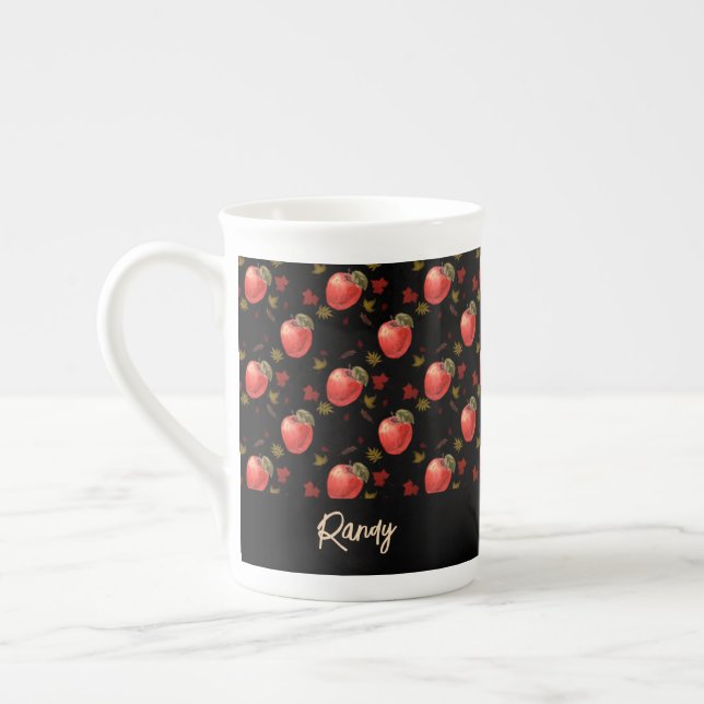 Tasse En Porcelaine Pommes rouges et feuilles sur noir (Gauche)